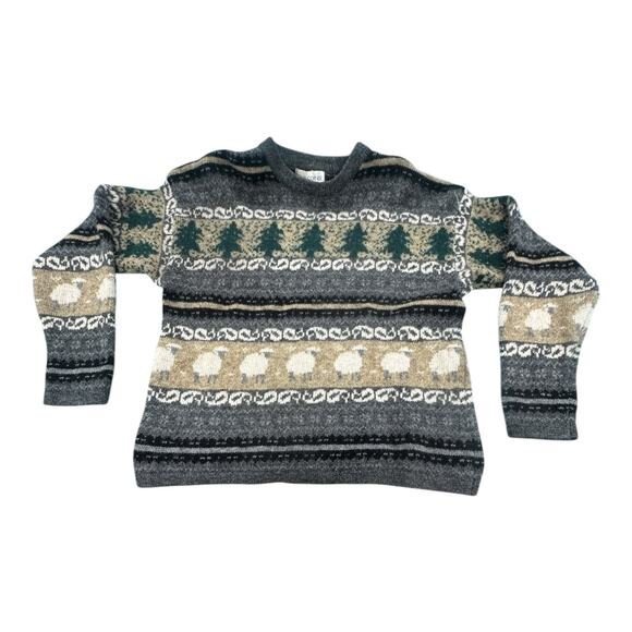 Vintage Casual Corner Nordic Fair Isle Sheep Tree Pattern Med Wool Gray Sweater - Picture 1 of 7